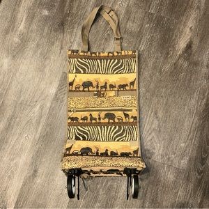Vintage Large Jade Tapestry Rolling Bag Tote Foldable Collapsible Wheels Safari